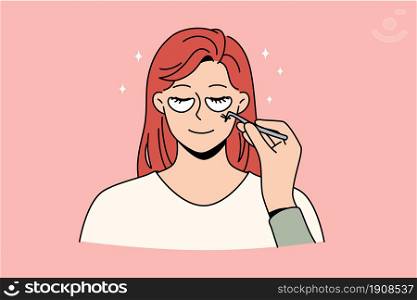 Skincare and beauty treatment concept. Face of young smiling woman with patches below eyes and cosmetologist hand with tool making beauty treatment vector illustration . Skincare and beauty treatment concept