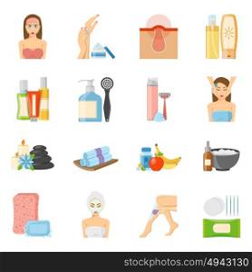 Skincare And Bodycare Flat Icons . Skincare and bodycare flat colored icons set with wax strips sponge spa and aroma therapy accessories isolated vector illustration