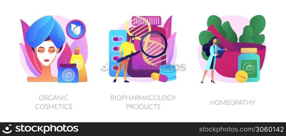 Skincare and healthcare, natural pharmacological products, disease prevention. Organic cosmetics, biopharmacology products, homeopathy metaphors. Vector isolated concept metaphor illustrations.. Organic pharmacological products vector concept metaphors.