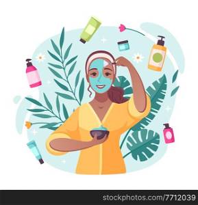 Skincare beauty products cartoon composition with creams moisturizing lotions swirling around applying face mask girl vector illustration. Skincare Cartoon Composition