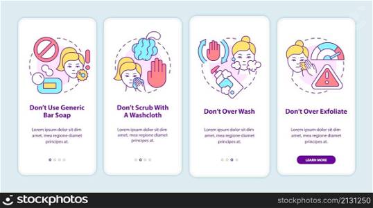 Skincare donts onboarding mobile app screen. Wrong care walkthrough 4 steps graphic instructions pages with linear concepts. UI, UX, GUI template. Myriad Pro-Bold, Regular fonts used. Skincare donts onboarding mobile app screen