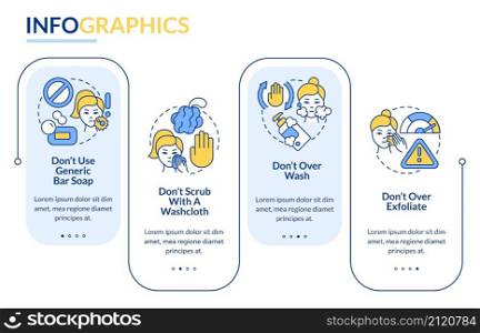 Skincare donts rectangle infographic template. Routine mistakes. Data visualization with 4 steps. Process timeline info chart. Workflow layout with line icons. Lato-Bold, Regular fonts used. Skincare donts rectangle infographic template