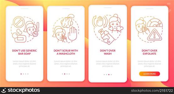 Skincare donts red gradient onboarding mobile app screen. Best care walkthrough 4 steps graphic instructions pages with linear concepts. UI, UX, GUI template. Myriad Pro-Bold, Regular fonts used. Skincare donts red gradient onboarding mobile app screen