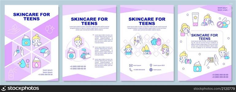 Skincare for teens purple brochure template. Special treatment. Booklet print design with linear icons. Vector layouts for presentation, annual reports, ads. Arial-Black, Myriad Pro-Regular fonts used. Skincare for teens purple brochure template