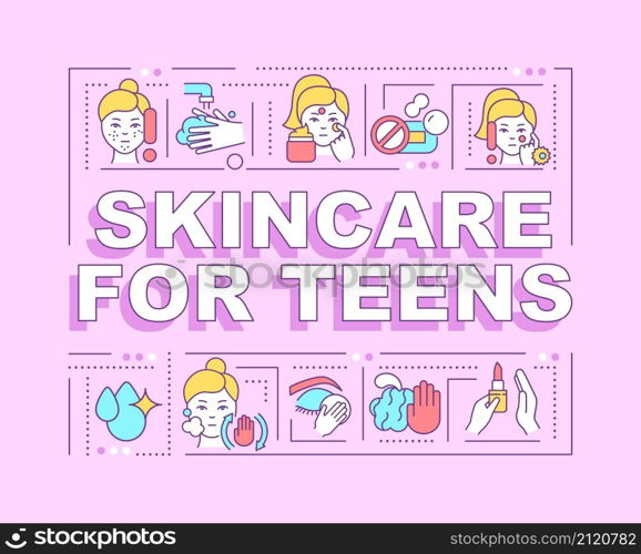 Skincare for teens word concepts pink banner. Skin treatment. Infographics with linear icons on background. Isolated typography. Vector color illustration with text. Arial-Black font used. Skincare for teens word concepts pink banner