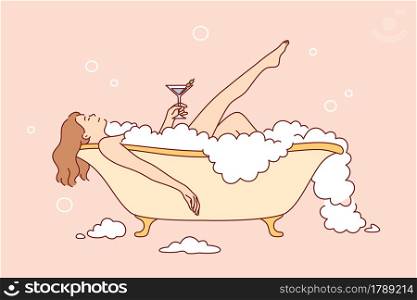Skincare, pleasure, relaxation at home concept. Young pretty Woman cartoon character taking bath with bubble and drinking cocktail for hygiene and beauty feeling positive vector illustration . Skincare, pleasure, relaxation at home concept