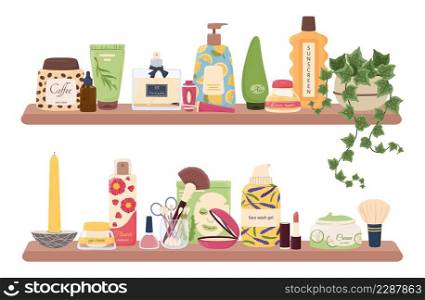 Skincare products, makeup and cosmetic bottles on bathroom shelves. Shampoo, face cream, hair and body care beauty product on shelf vector set of makeup and cosmetic for beauty skincare illustration. Skincare products, makeup and cosmetic bottles on bathroom shelves. Shampoo, face cream, hair and body care beauty product on shelf vector set