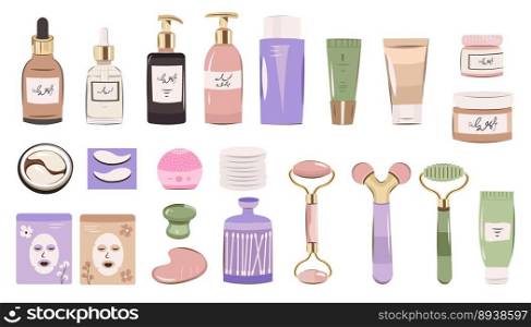 Skincare products organic cosmetics, woman skincare routine icon set. Natural organic cosmetics for skin in colorful bottles, tubes, jars vector flat illustration. Skincare products organic cosmetics, woman skincare routine icon set. Natural organic cosmetics for skin in colorful bottles, tubes, jars vector flat illustration.
