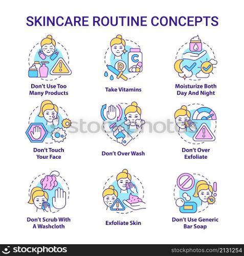 Skincare routine concept icons set. Cosmetological procedures for face. Beauty lifestyle idea thin line color illustrations. Isolated outline drawings. Roboto-Medium, Myriad Pro-Bold fonts used. Skincare routine concept icons set