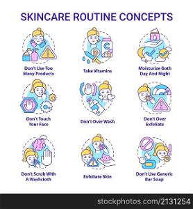 Skincare routine concept icons set. Cosmetological procedures for face. Beauty lifestyle idea thin line color illustrations. Isolated outline drawings. Roboto-Medium, Myriad Pro-Bold fonts used. Skincare routine concept icons set