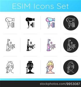 Skincare routine icons set. Hair dryer. Electric toothbrush. Quartz facial roller. Drying and styling hair. Removing plaque buildup. Linear, black and RGB color styles. Isolated vector illustrations. Skincare routine icons set