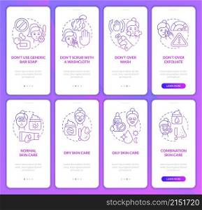 Skincare routine purple gradient onboarding mobile app screen set. Beauty walkthrough 4 steps graphic instructions pages with linear concepts. UI, UX, GUI template. Myriad Pro-Bold, Regular fonts used. Skincare routine purple gradient onboarding mobile app screen set