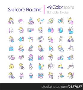 Skincare routine RGB color icons set. Beauty and healthcare. Cosmetic products. Isolated vector illustrations. Simple filled line drawings collection. Editable stroke. Quicksand-Light font used. Skincare routine RGB color icons set