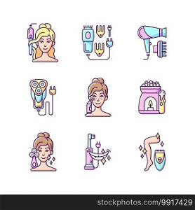 Skincare routine RGB color icons set. Hairstyling appliance. Electric hair clippers. Blackhead remover. Electric shaver. Makeup sponge. Hair dryer. Wax warmer. Epilator. Isolated vector illustrations. Skincare routine RGB color icons set