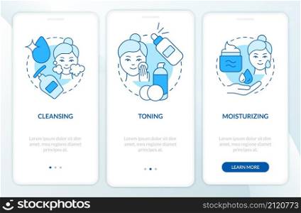 Skincare routine steps blue onboarding mobile app screen. Beauty tips walkthrough 3 steps graphic instructions pages with linear concepts. UI, UX, GUI template. Myriad Pro-Bold, Regular fonts used. Skincare routine steps blue onboarding mobile app screen