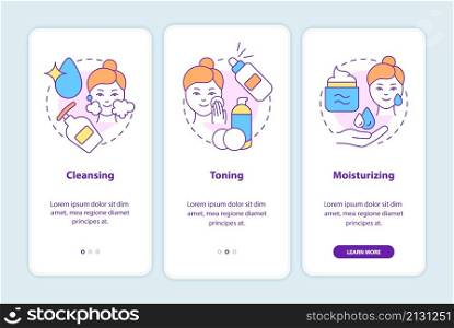 Skincare routine steps onboarding mobile app screen. Beauty walkthrough 3 steps graphic instructions pages with linear concepts. UI, UX, GUI template. Myriad Pro-Bold, Regular fonts used. Skincare routine steps onboarding mobile app screen