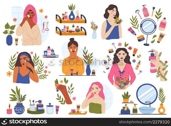 Skincare routine, women use organic beauty cosmetic products. Women self care routine, cleansing and moisturising vector illustration set. Female beauty procedures in bathroom with plants. Skincare routine, women use organic beauty cosmetic products. Women self care routine, cleansing and moisturising vector illustration set. Female beauty procedures