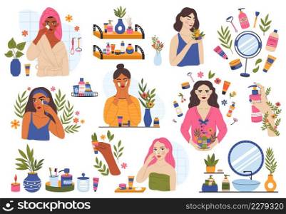Skincare routine, women use organic beauty cosmetic products. Women self care routine, cleansing and moisturising vector illustration set. Female beauty procedures in bathroom with plants. Skincare routine, women use organic beauty cosmetic products. Women self care routine, cleansing and moisturising vector illustration set. Female beauty procedures