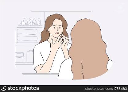 Skincare, skin problems, pimples concept. Beautiful girl in white t-shirt cartoon character squeezing pimples on her face while looking into mirror in bathroom feeling unhappy vector illustration . Skincare, skin problems, pimples concept