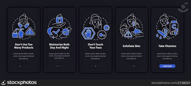 Skincare tips night mode onboarding mobile app screen. Skin healthcare walkthrough 5 steps graphic instructions pages with linear concepts. UI, UX, GUI template. Myriad Pro-Bold, Regular fonts used. Skincare tips night mode onboarding mobile app screen