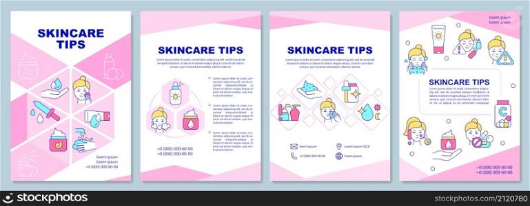 Skincare tips pink brochure template. Healthy skin. Booklet print design with linear icons. Vector layouts for presentation, annual reports, ads. Arial-Black, Myriad Pro-Regular fonts used. Skincare tips pink brochure template