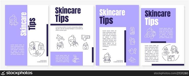 Skincare tips purple brochure template. Healthy skin routine. Booklet print design with linear icons. Vector layouts for presentation, annual reports, ads. Anton-Regular, Lato-Regular fonts used. Skincare tips purple brochure template