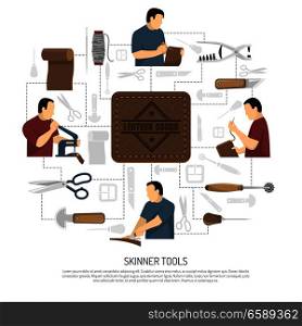 Skinner tools design concept with skinner figurines engaged in manufacture of clothing items and accessories flat vector illustration . Skinner Tools Design Concept