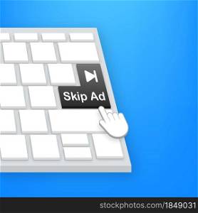 Skip advertisement web icon isolated on the blue background. Skip ad button on keaboard. Skip advertisement web icon isolated on the blue background. Skip ad button on keaboard.