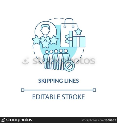 Skipping lines blue concept icon. Perks and benefits of loyalty program abstract idea thin line illustration. Skipping checkout line in store. Vector isolated outline color drawing. Editable stroke. Skipping lines blue concept icon