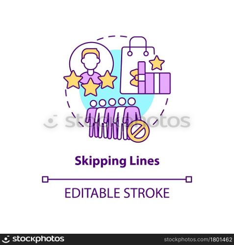 Skipping lines concept icon. Perks and benefits of loyalty program abstract idea thin line illustration. Skipping checkout line in store. Vector isolated outline color drawing. Editable stroke. Skipping lines concept icon