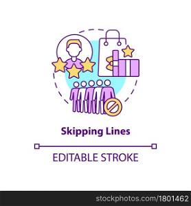 Skipping lines concept icon. Perks and benefits of loyalty program abstract idea thin line illustration. Skipping checkout line in store. Vector isolated outline color drawing. Editable stroke. Skipping lines concept icon