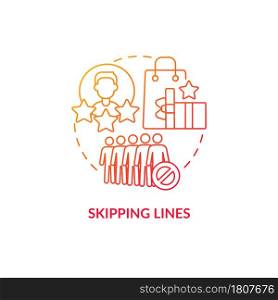 Skipping lines red gradient concept icon. Perks and benefits of loyalty program abstract idea thin line illustration. Skipping checkout line in store. Vector isolated outline color drawing.. Skipping lines red gradient concept icon