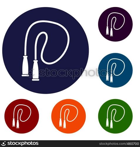 Skipping rope icons set in flat circle reb, blue and green color for web. Skipping rope icons set