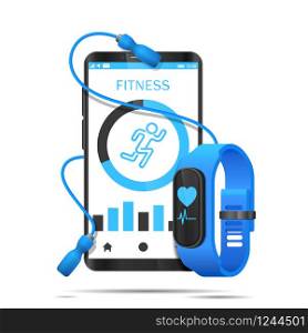 Skipping rope wraps around smartphone with app and fitness watch realistic