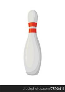 Skittle with red stripes, vertically standing of white pin, element for bowling game, glossy white bowl. Hit object, competition and tenpins strike vector. Skittle for Bowling, Glossy White Bowl Vector