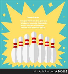 Skittles for bowling on a vintage background. Illustration white pins in a plane on the retro &#xA;style background with space for text. Stock vector