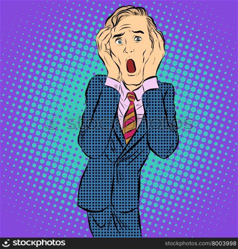Skrik cry horror businessman emotion pop art retro style. Headache health and medicine. Psychiatry and mental health. Stress work panic. Skrik cry horror businessman emotion