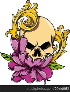 Skull and baroque with flower for tattoo design of illustration