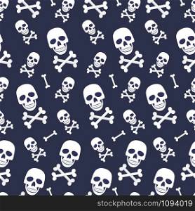 Skull and bone seamless pattern on blue background. halloween skull pattern background. vector illustration