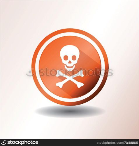 Skull And Crossbones Icon In Flat Design. Illustration of a flat design warning icon, with skull head and cross bones on orange and grey background