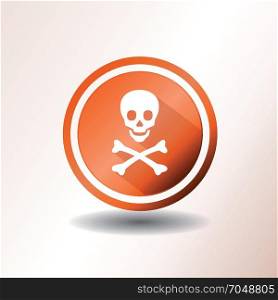 Skull And Crossbones Icon In Flat Design. Illustration of a flat design warning icon, with skull head and cross bones on orange and grey background
