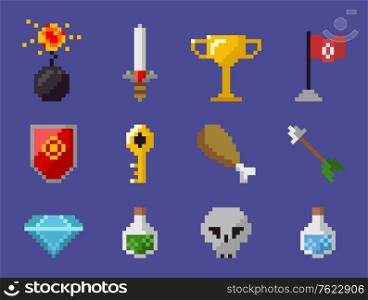 Skull and potion in bottle vector, isolated set of icons from pixel game, bomb and chicken, sword and trophy, shield and key, brilliant and flag arrow, pixelated objects for video-game. Pixel Game Icons, Bomb Diamond, Trophy Flag Skull