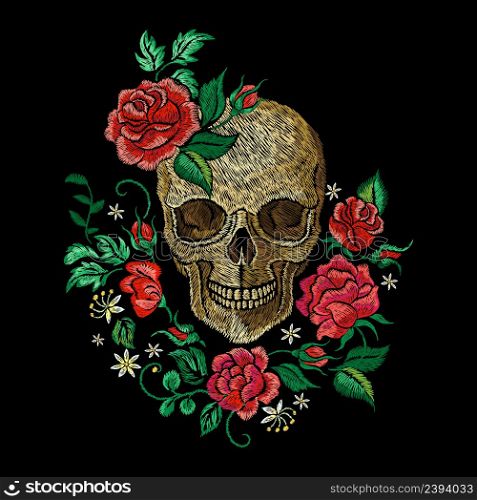 Skull and roses. Embroidery rose, rock style print template. Shirt or leather jacket art design. Rocking graphics, gothic death vintage nowaday vector poster. Illustration of skull art embroidery. Skull and roses. Embroidery rose, rock style print template. Shirt or leather jacket art design. Rocking graphics, gothic death vintage nowaday vector poster