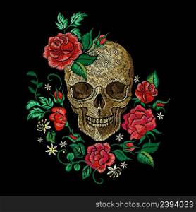 Skull and roses. Embroidery rose, rock style print template. Shirt or leather jacket art design. Rocking graphics, gothic death vintage nowaday vector poster. Illustration of skull art embroidery. Skull and roses. Embroidery rose, rock style print template. Shirt or leather jacket art design. Rocking graphics, gothic death vintage nowaday vector poster