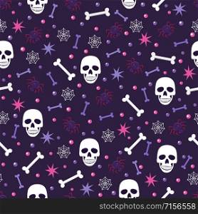 Skull and spider seamless pattern on blue background. halloween skull pattern background. vector illustration