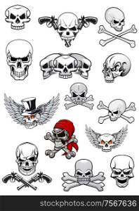 Skull characters for hallowen, pirates and piracy decorated with crossed bones, crossed pistols, wings, tophat and bandanna in black and white
