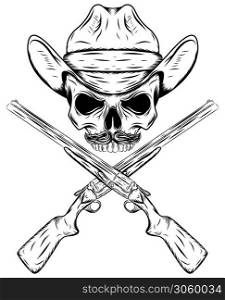 Skull cowboy in western hat and crossed gun
