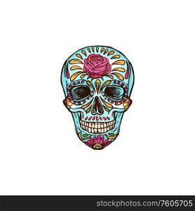 Skull decorated by rose flower isolated sketch. Vector Cinco de mayo head skeleton. Skull mexican Day of death symbol with flowers