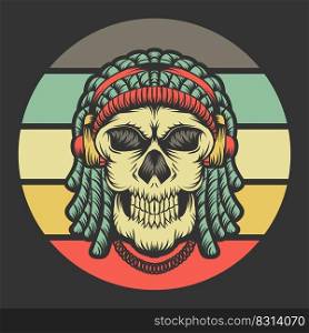 skull dreadlocks headphone retro vector illustration