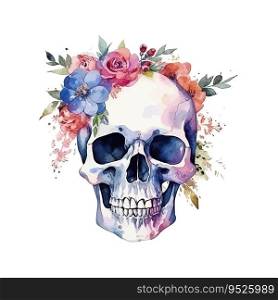 Skull flowers watercolor. Vector illustration desing.